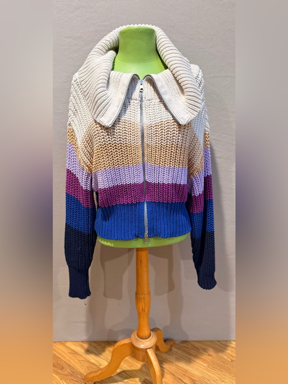 Aerie Striped Zip-Front Knit Sweater Cardigan Jacket - purple Color block M